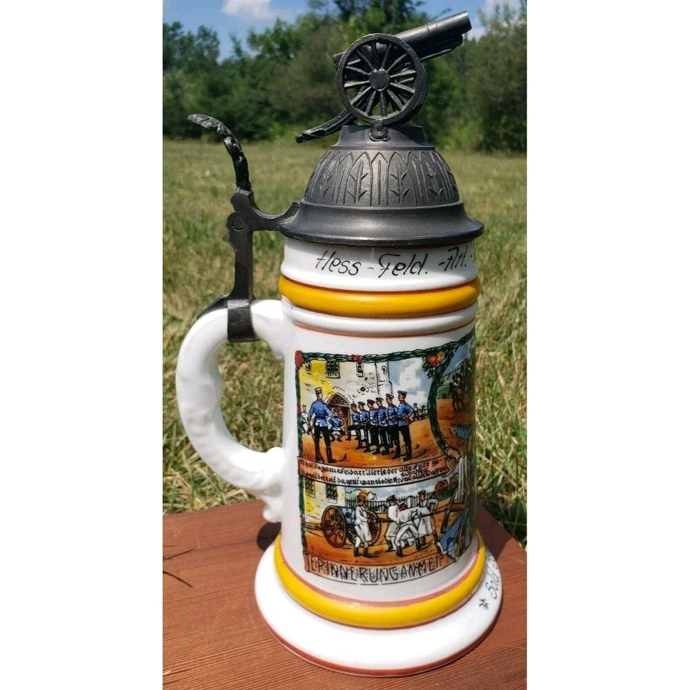 Antique German Reservistenkrug Beer Stein Regt Nr 71 Cassel 1909-12 Cannon Lid